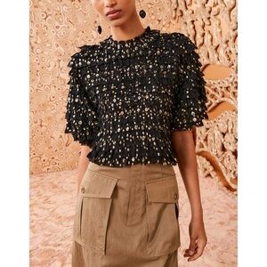 NWOT Ulla Johnson Silk-Blend Metallic Short-Sleeve Ruffle Carmella Blouse